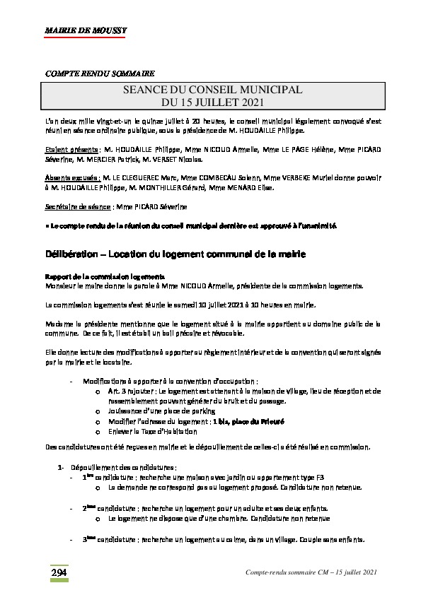 Compte-rendu du conseil municipal du 15 juillet 2021