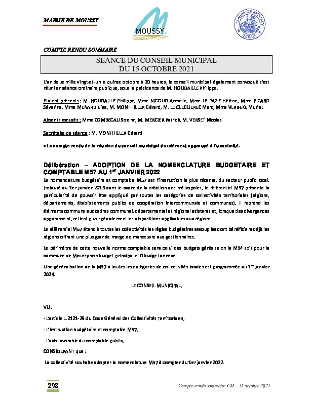 Compte-rendu du conseil municipal du 15 octobre 2021