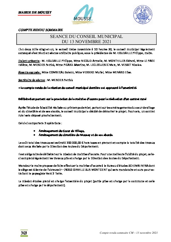 Compte-rendu du conseil municipal du 13 novembre 2021