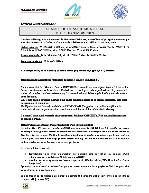 Compte-rendu du conseil municipal du 15 décembre 2021