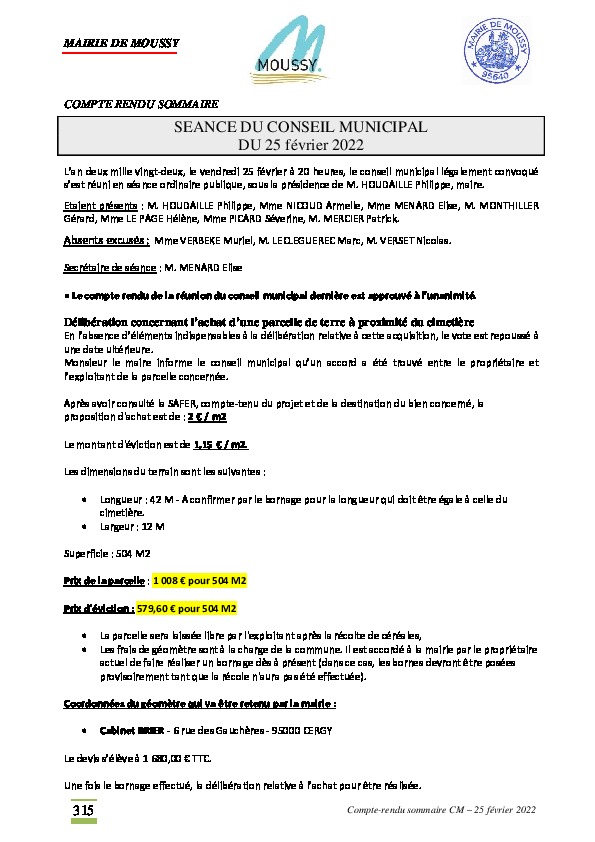 Compte-rendu du conseil municipal du 25 février 2022