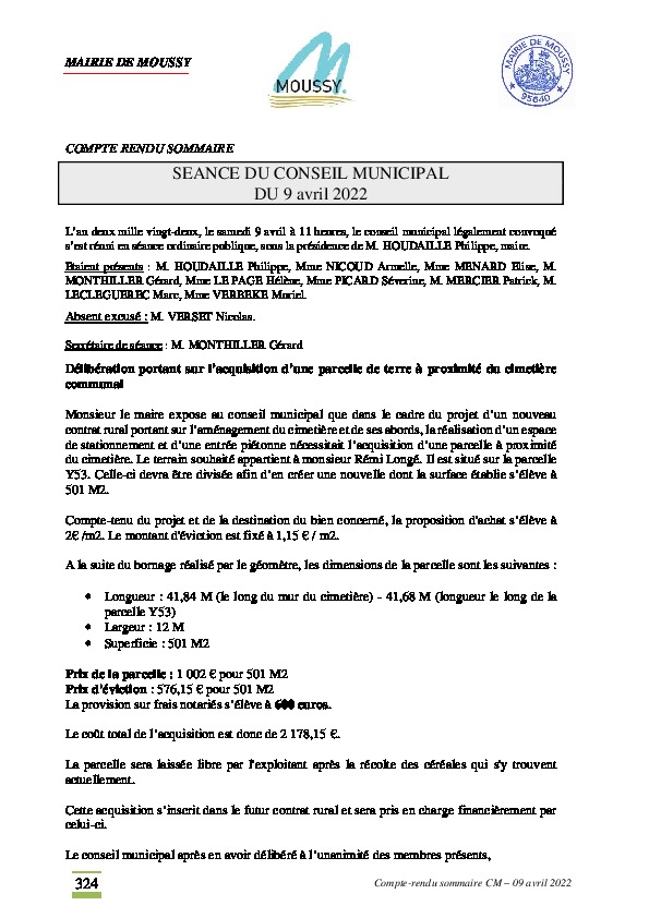 Compte-rendu du conseil municipal du 9 avril 2022