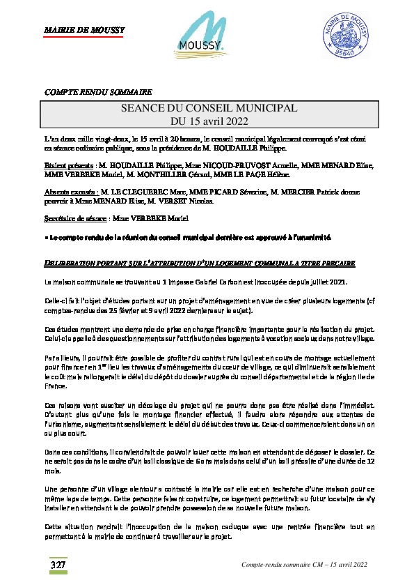 Compte-rendu du conseil municipal du 15 avril 2022