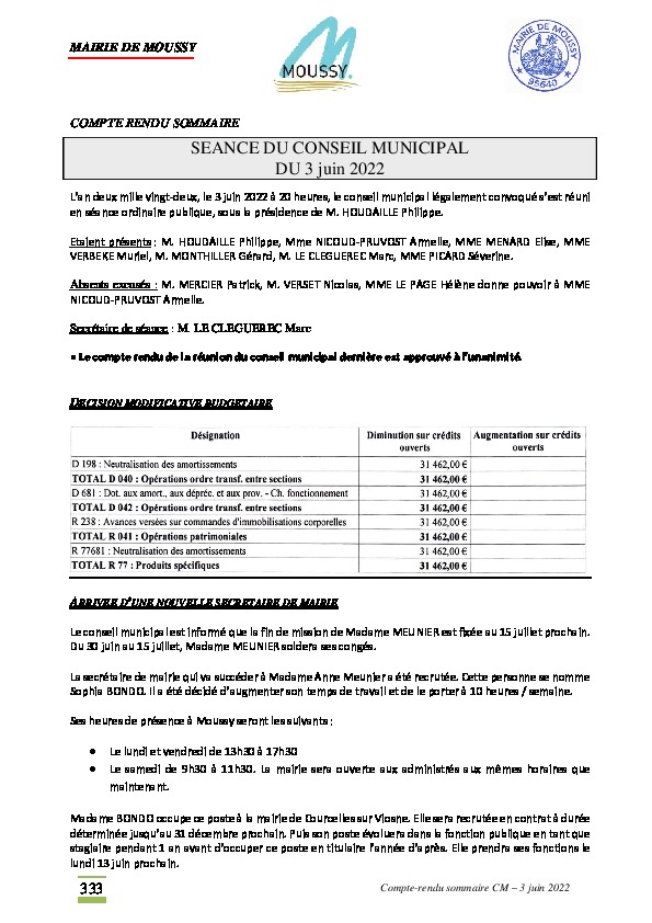 Compte-rendu du conseil municipal du 3 juin 2022