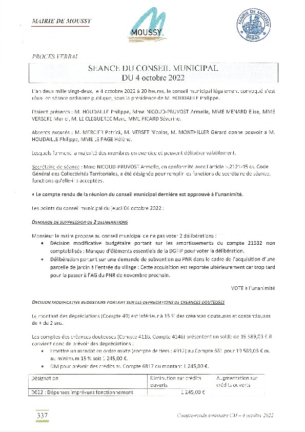 Procès-verbal réunion de conseil du 4 octobre 2022