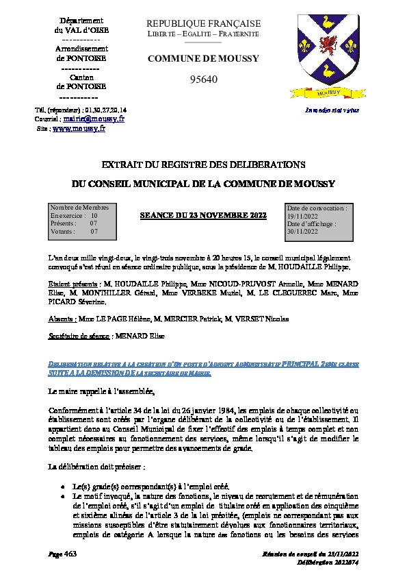 Délibération Création poste Agent administratif
