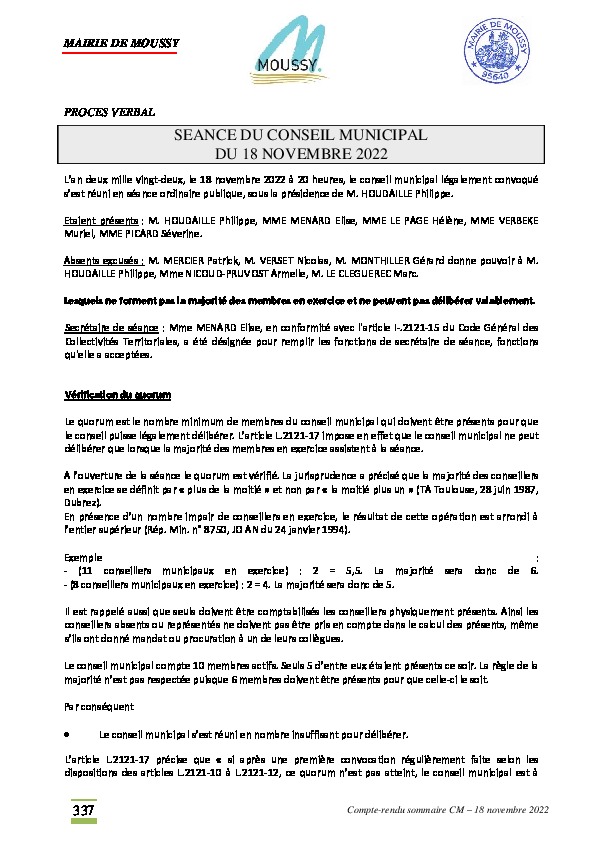 Procès-verbal réunion de conseil du 18 novembre 2022