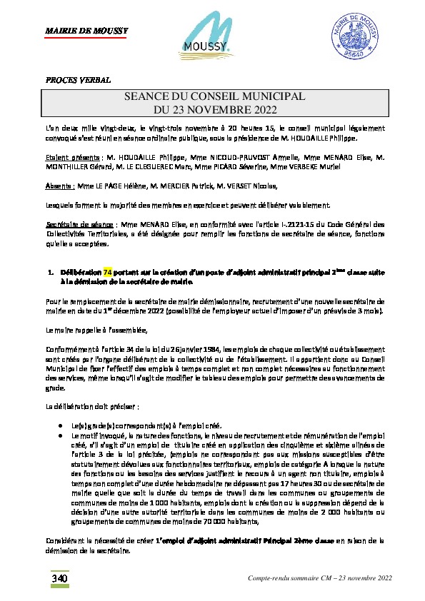 Procès-verbal réunion de conseil du 23 novembre 2022