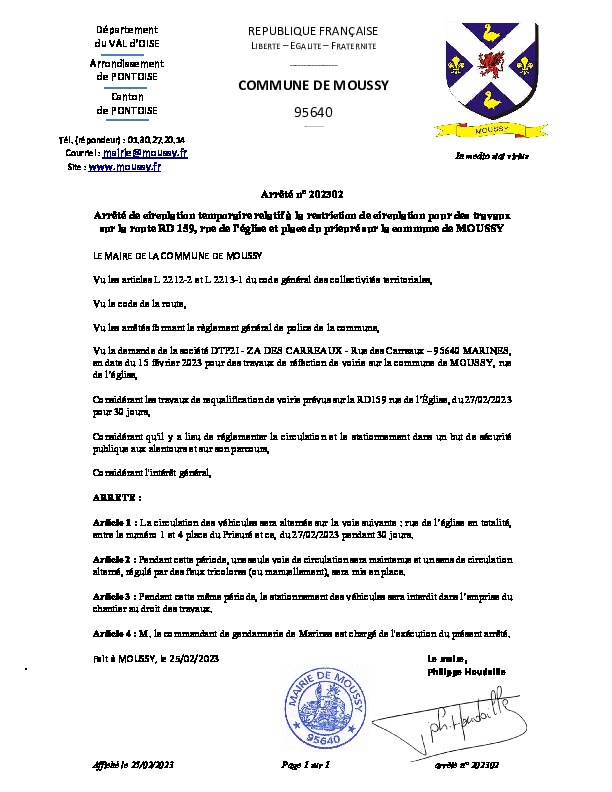 Arrêté 202302 – Arrêté de circulation temporaire à compter du 27022023