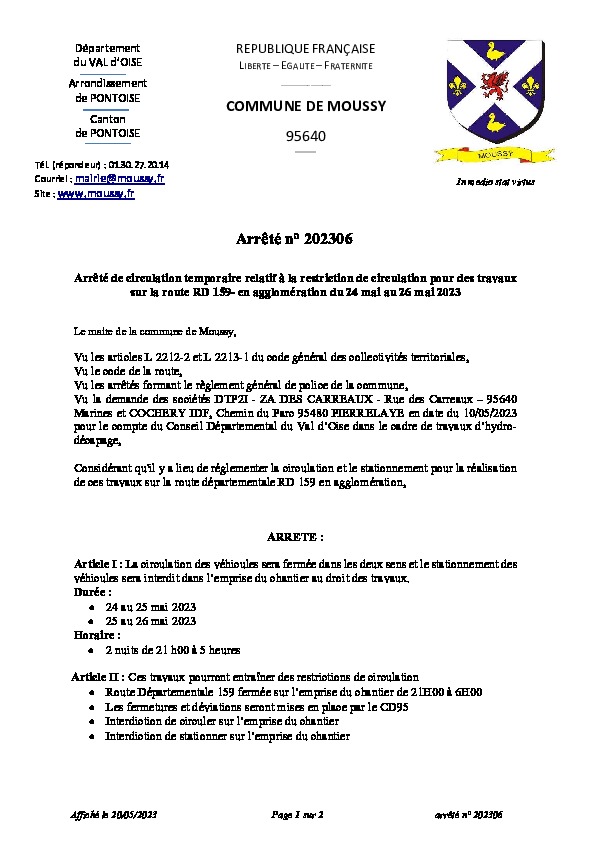 Arrêté 202306 – Arrêté de circulation temporaire – 24 mai au 26 mai 2023