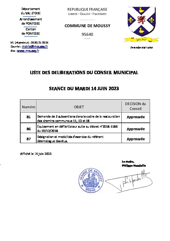 Liste des délibérations CM du 13 06 2023
