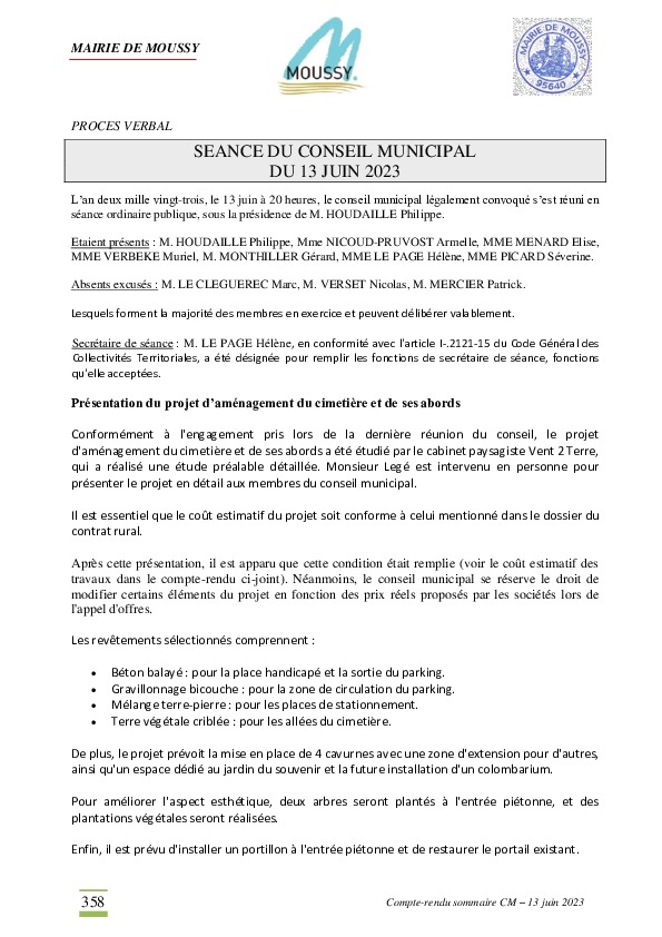 Procès-verbal réunion de conseil du 13 juin 2023