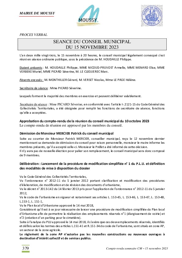 Procès-verbal réunion de conseil du 15 novembre 2023