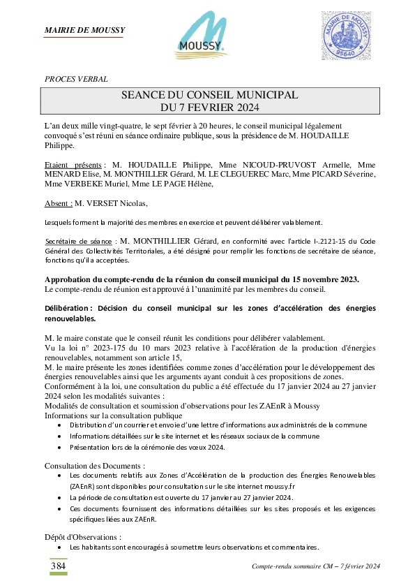 Procès-verbal réunion de conseil du 7 février 2024