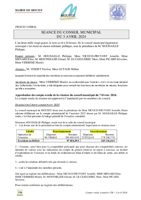 Compte-rendu Conseil municipal 3 avril 2024